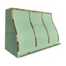 stainless steel range hood in custom green painted color with polished brass straps and pot rack at RangeHoodMaster