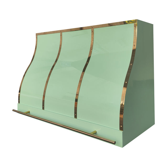 stainless steel range hood in custom green painted color with polished brass straps and pot rack at RangeHoodMaster