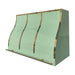 stainless steel range hood in custom green painted color with polished brass straps and pot rack at RangeHoodMaster