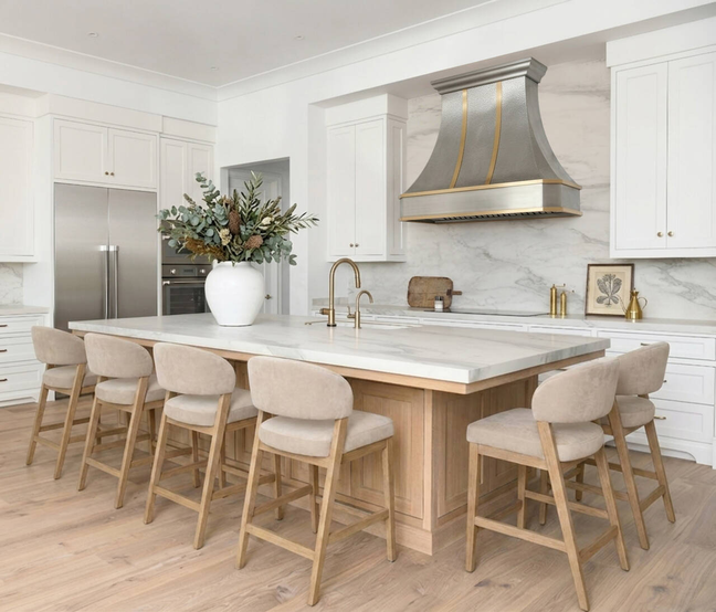 Custom hammered stainless steel curved range hood for luxury kitchen design