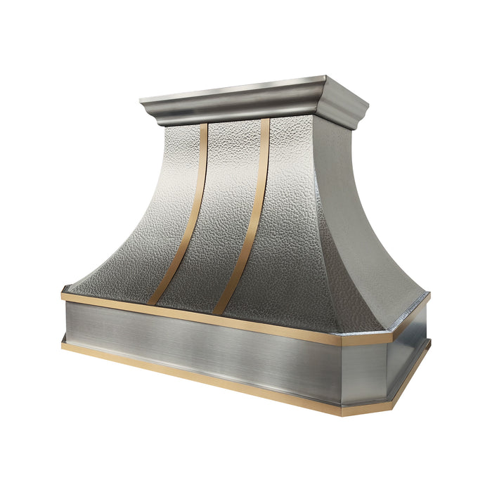 Custom hammered stainless steel curved range hood for luxury kitchen design