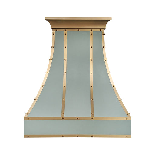 stainless steel range hood custom light green painted with brushed brass straps and rivets sleek curve shape at rangehoodmaster
