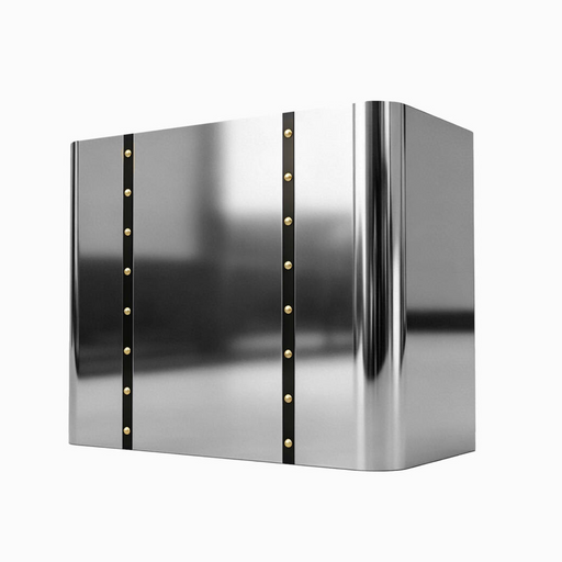 box shaped stainless steel range hood with polished finish and brass round 