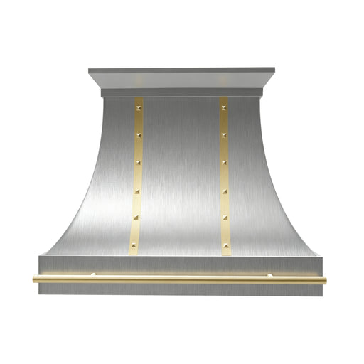 custom curved stainless steel range hood with brass straps, rivet details, and front pot rail front view