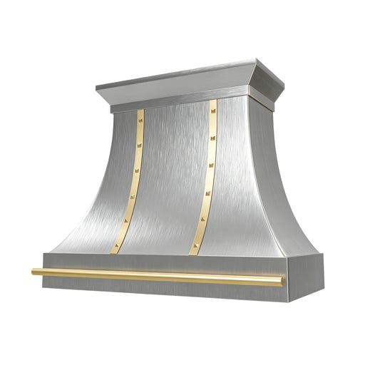 custom curved stainless steel range hood with brass straps, rivet details, and front pot rail sloped view
