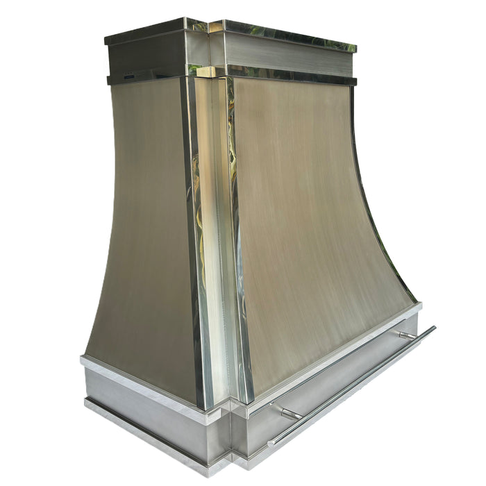 Curved modern stainless steel metal range hood kitchen hood vent with polished stainless steel straps and pot rail