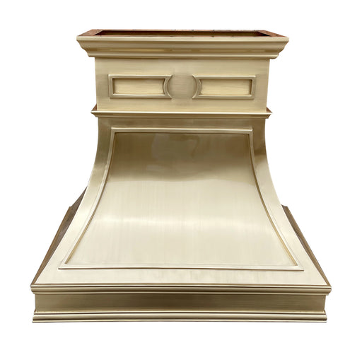Custom metal kitchen hood with brushed brass finish and decorate trims and crown molding