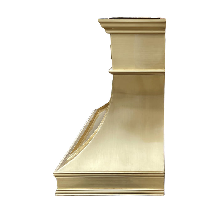 Custom metal kitchen hood with brushed brass finish and decorate trims and crown molding