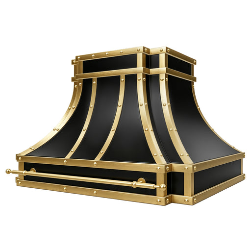 custom modern curved black stainless steel stove hood  with polished brass straps angled view