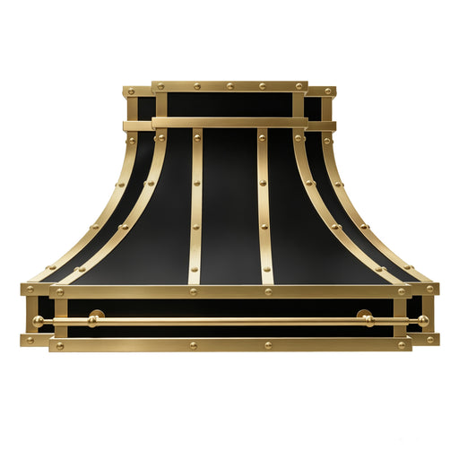 custom modern curved black stainless steel stove hood with polished brass straps front view