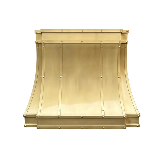 RHM modern curved brushed brass range hood with luxury brass straps and rivets front view