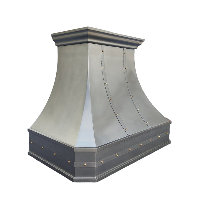 custom zinc range hood non-directional natural zinc finish with brass rivets at RangeHoodMaster