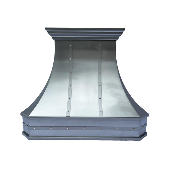 custom zinc range hood non-directional natural zinc finish with brass rivets at RangeHoodMaster