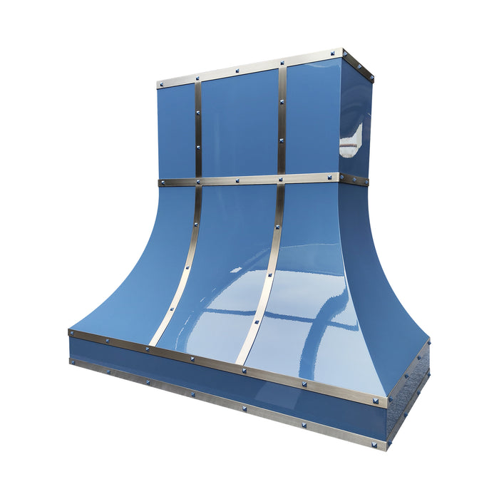 custom navy blue stainless steel range hood with brushed stainless steel straps and matching blue rivets in curved shape at rangehoodmaster