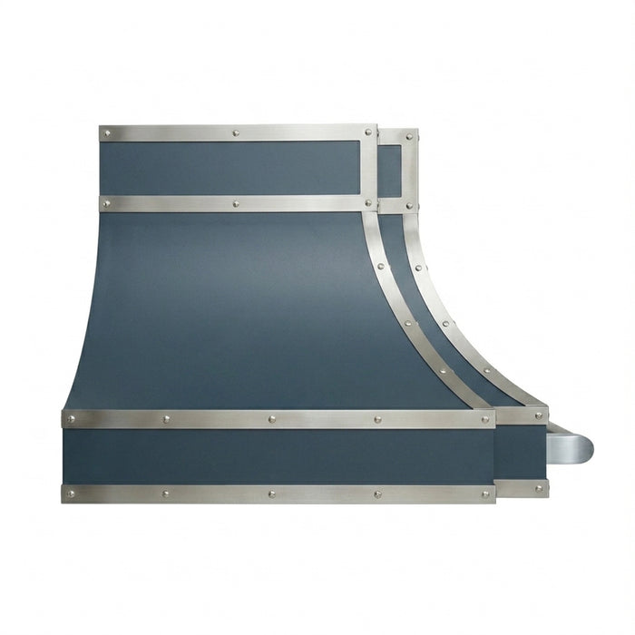 RHM Custom Navy Blue Stainless Steel Range Hood with Fleur & Pot Rail SH33-FS02