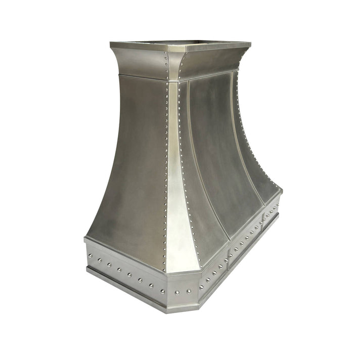 Non-directional stainless steel range hood curve shape with brushed stainless steel straps and rivets