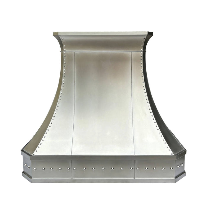 Non-directional stainless steel range hood curve shape with brushed stainless steel straps and rivets