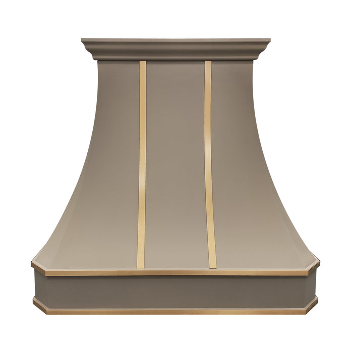 stainless steel range hood in custom painted color with brushed brass straps