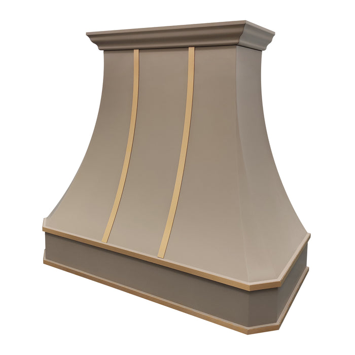 stainless steel range hood in custom painted color with brushed brass straps