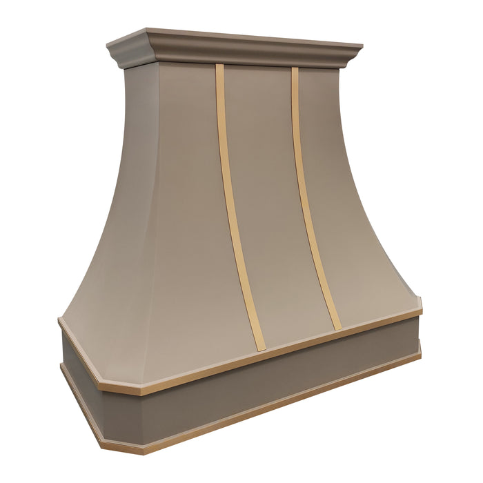 stainless steel range hood in custom painted color with brushed brass straps