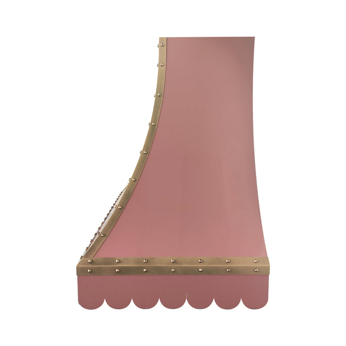 scalloped range hood with brass straps and rivets