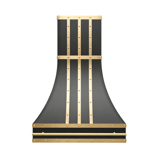 black painted stainless steel range hood with brass accents front view