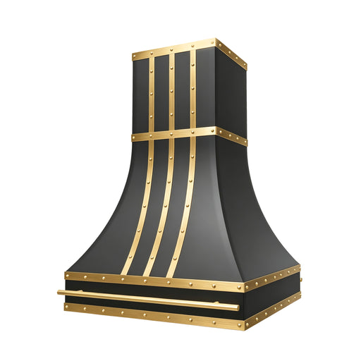 black stainless range hood with brass straps and rivets for luxury kitchen design