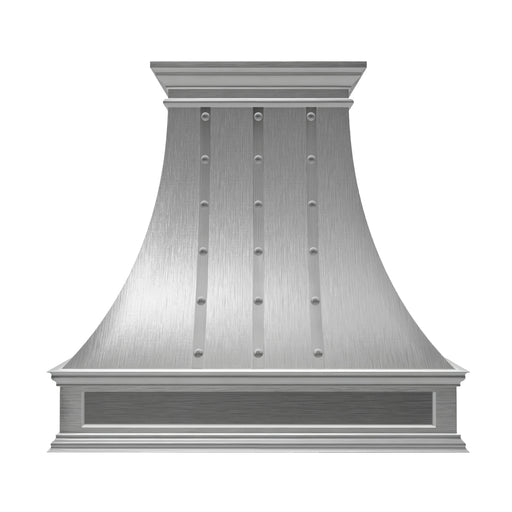 brushed stainless steel vent hood with decorative molding, straps and round rivets front view