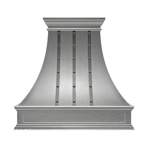 brushed stainless steel vent hood with decorative molding, straps and round rivets front view