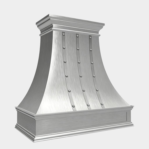 brushed stainless steel vent hood with decorative molding, straps and round rivets sloped view