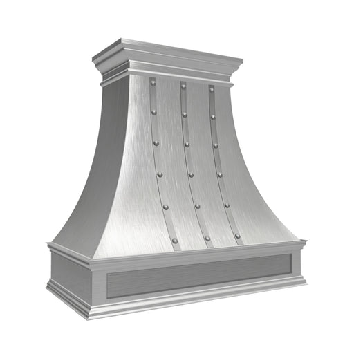 brushed stainless steel vent hood with decorative molding, straps and round rivets sloped view