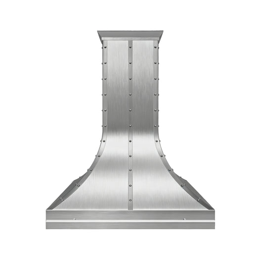 curve shaped stainless steel range hood with brushed finish and decorative straps and rivets front view