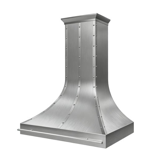 curve shaped stainless steel range hood with brushed finish and decorative straps and rivets slope view