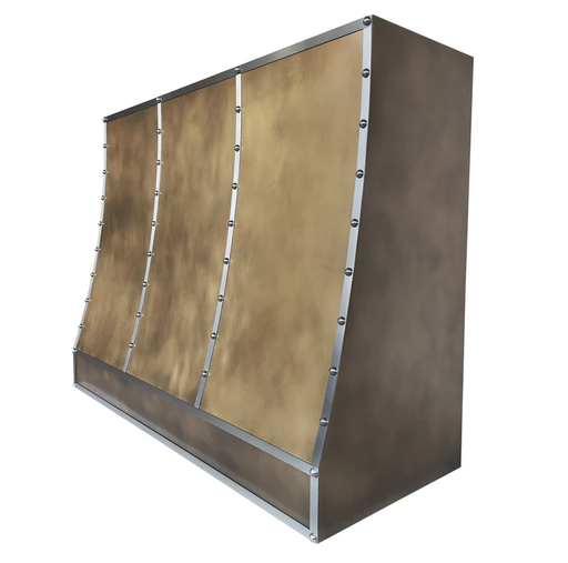 sloped antique brass stove hood with stainless steel straps and round rivets