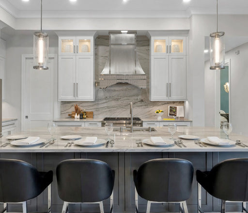 custom designer stainless steel range hood in sleek modern brushed stainless steel with polished straps and custom oval pattern at rangehoodmaster
