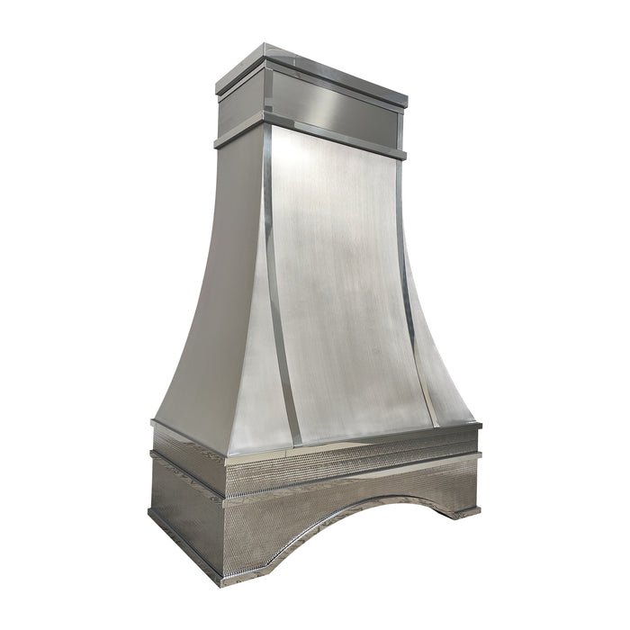 custom designer stainless steel range hood in sleek modern brushed stainless steel with polished straps and custom oval pattern at rangehoodmaster
