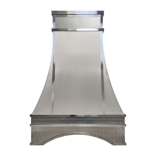 custom designer stainless steel range hood in sleek modern brushed stainless steel with polished straps and custom oval pattern at rangehoodmaster
