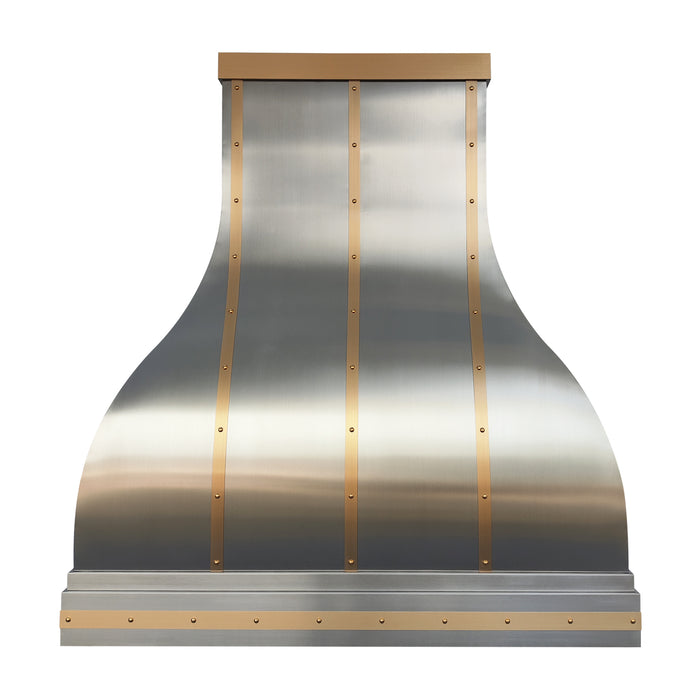 stainless steel range hood custom bell design with brushed brass straps and rivets