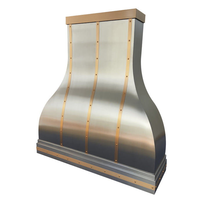 stainless steel range hood custom bell design with brushed brass straps and rivets