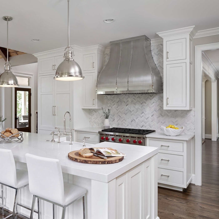 wall mounted stainless steel range hood with polished straps rivets