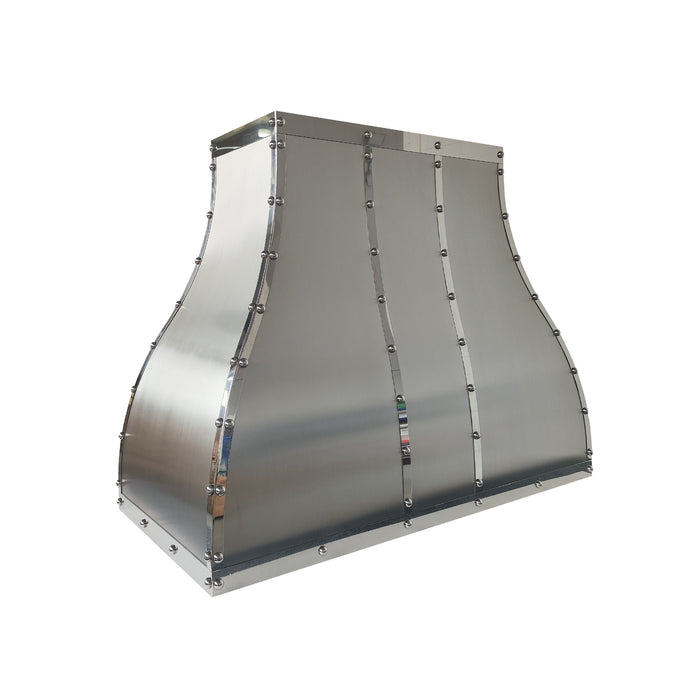 stainless steel range hood accented with polished sraps rivets
