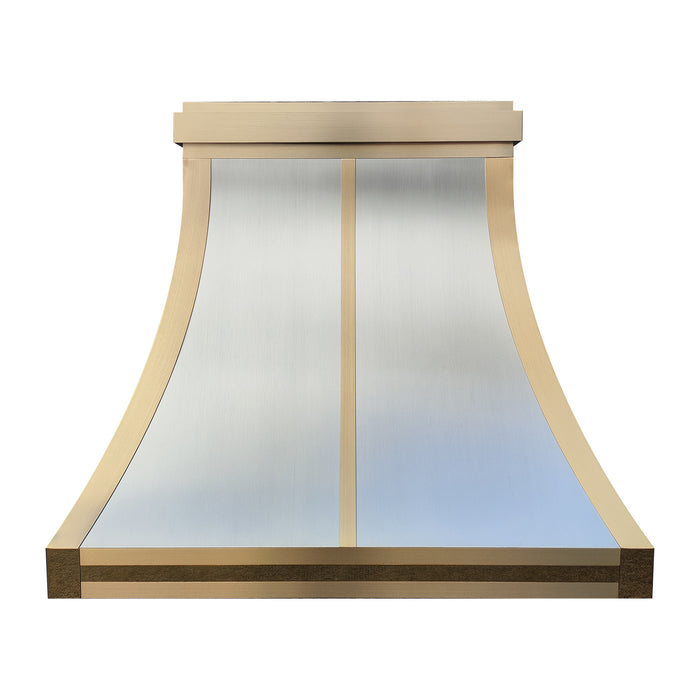 custom brushed stianless steel range hood curved shape with custom brushed brass straps and crown at rangehoodmaster