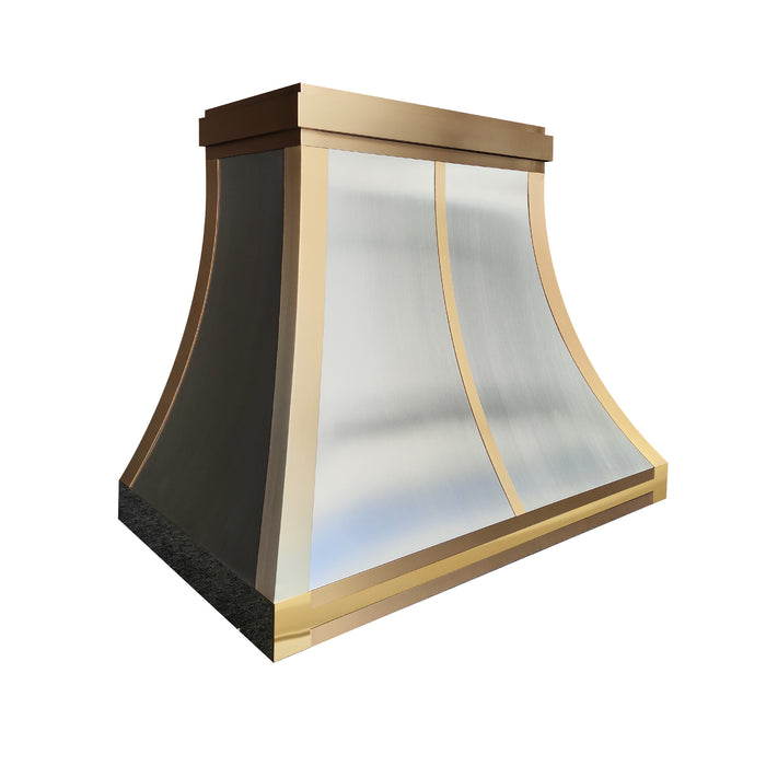 custom brushed stianless steel range hood curved shape with custom brushed brass straps and crown at rangehoodmaster