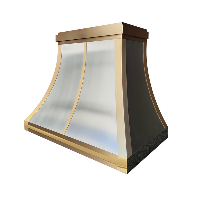 custom brushed stianless steel range hood curved shape with custom brushed brass straps and crown at rangehoodmaster