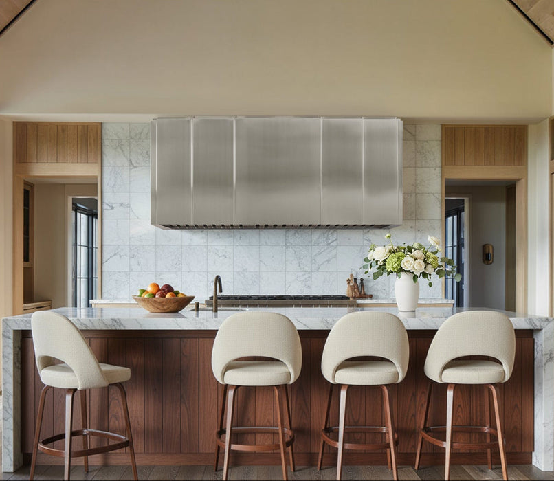 custom stainless steel kitchen hood in brushed stainless steel finish luxury wave shell design at rangehoodmaster