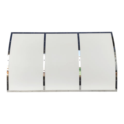 custom stainless steel range hood barrel shape with matte white finish and polished stainless steel straps and rivets at RangeHoodMaster