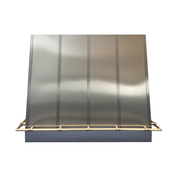 custom stainless steel range hood angled shape with straps and custom pot rail design at RangeHoodMaster