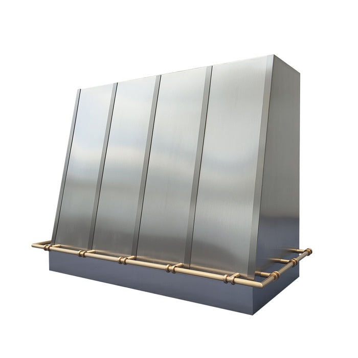 custom stainless steel range hood angled shape with straps and custom pot rail design at RangeHoodMaster