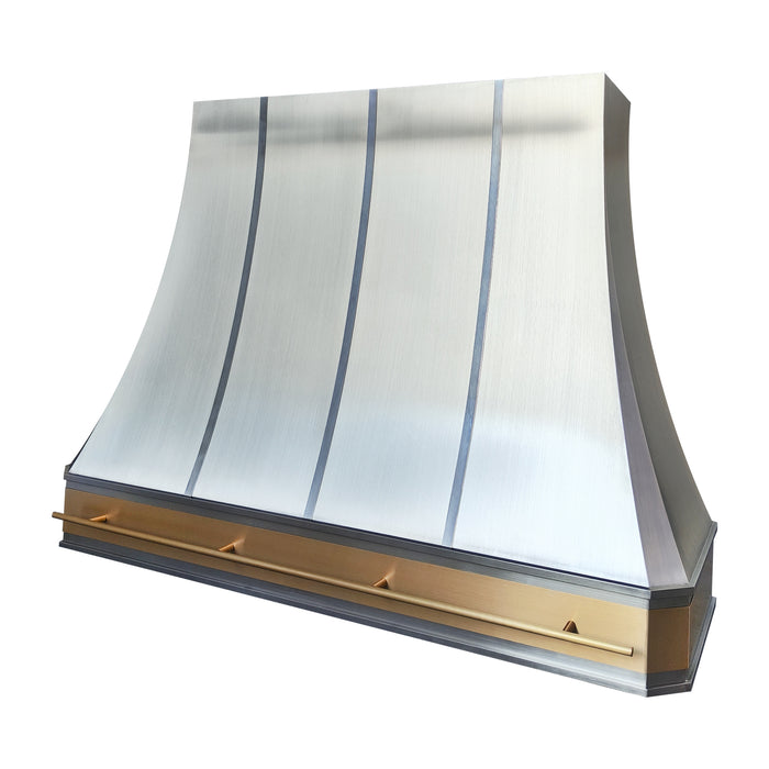 stainless steel range hood with clipped corner and brushed brass apron and pot rack