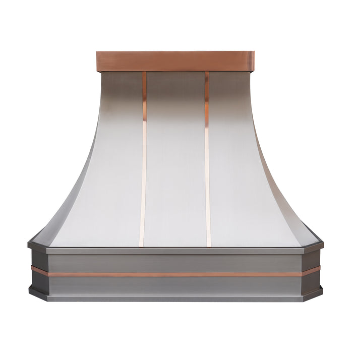 custom stainless steel range hood curved shape with nature copper straps and crown at RangeHoodMaster